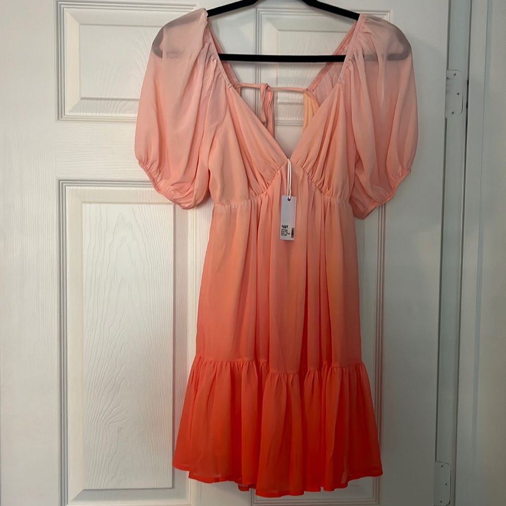 Stitch & Feather Puff Sleeve Mini Dress Ombré Color